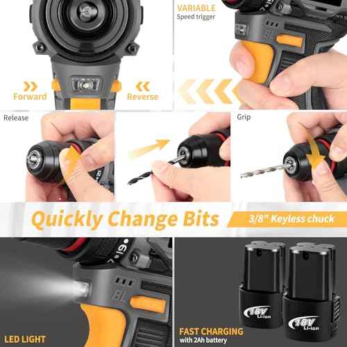 QUDODO Brushless Compact Drill Tool Set, 120PCS 45N. m 18V Cordless Drill Kit with 2 Battery, Woman Household Tool Kit with Electric Driver, Taladro Set with Inal?mbrico for Daily Home Basic Repair