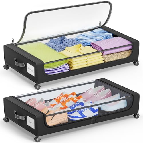 Camkey® Under Bed Storage with 360° Wheels, 2-Pack, 60L Low-Profile Rolling Underbed Bins for Clothes, Shoes, Toys & Books,Easy Pull-Out, Dust Protection, Space-Saving Organizer for Bedroom/Dorm,Black
