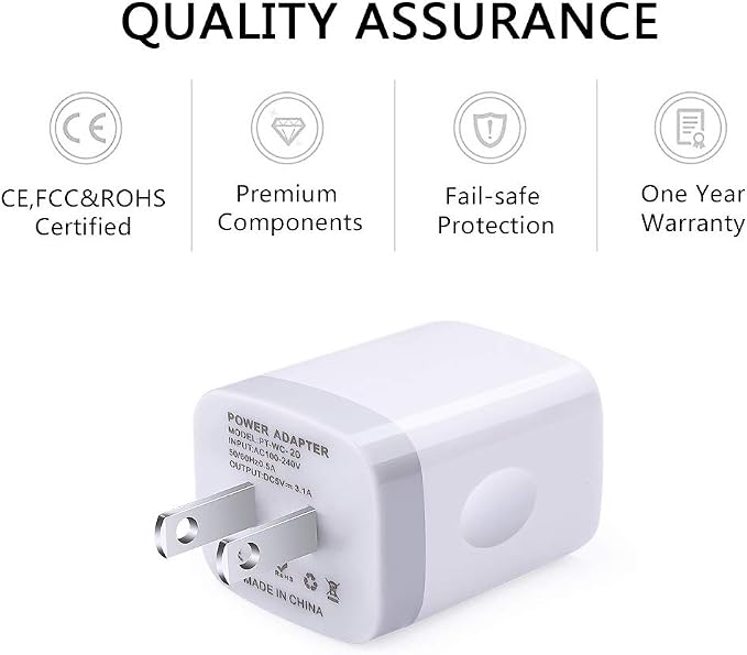 Wall Charger AILKIN 3.1A MultiPort Fast Charger Plug Travel Home Power Adapter Quick Charging Block Base Boxed for iPhone 15 14 13 12 11 10 8 7 Pro Max Mini Samsung Galaxy Pixel Kindle USB Brick