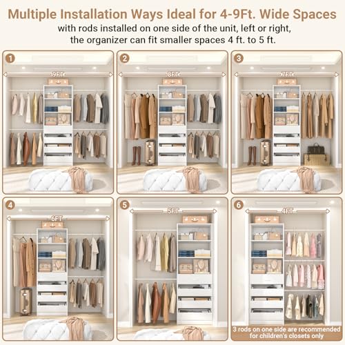 Aheaplus Closet System, 4-9Ft Closet Organizer with 4 Wooden Drawers, Wood Closet Organizer System with Tower, Walk-in Closet Organizer Wardrobe Clothes Rack with 4 Hanging Rods, Garment Rack, White - color: White