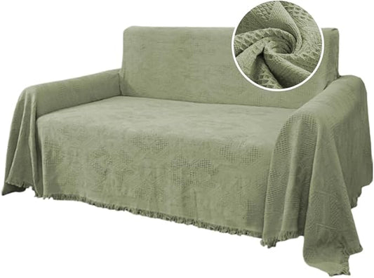 H.VERSAILTEX Cotton Sofa Covers Couch Cover Sofa Slipcover for Most Shape Sofas, Feature Thick Woven Jacquard Seamless with Tassels, Multi-Use Decorative for Couch (Large: 71" x 102", Sage)