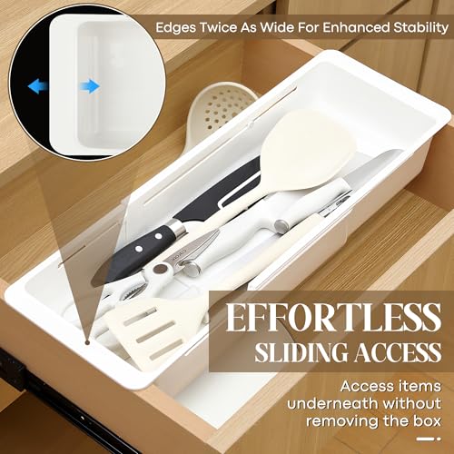 1 Pack Deep Drawer Organizer Bins, Sliding Drawer Organizer Bin Expandable and Adjustable Tray for Kitchen Utensils, Towels, BBQ Tools, Durable Plastic Sliding for Easy Storage (17.4-27.6") - size: 17.4-27.6"