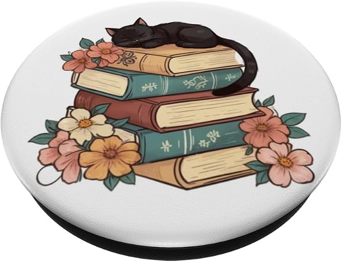 Black Cat Sitting on Books Booktrovert Librarian Bookish PopSockets PopWallet for MagSafe