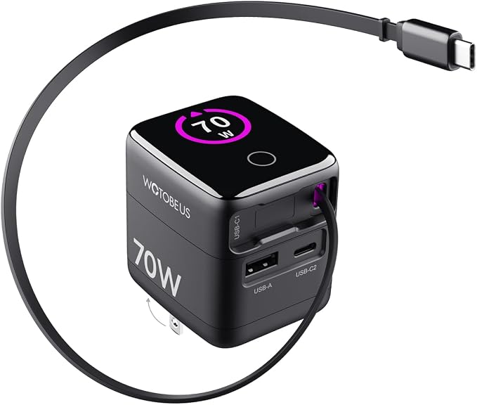 70W/65W GaN USB C PD Charger Retractable USB C Charger with AI Digital Display - Travel Laptop Power Adapter PPS 45W 25W Fast Charging for iPhone 17 16 iPad MacBook Galaxy S26 Pixel 10