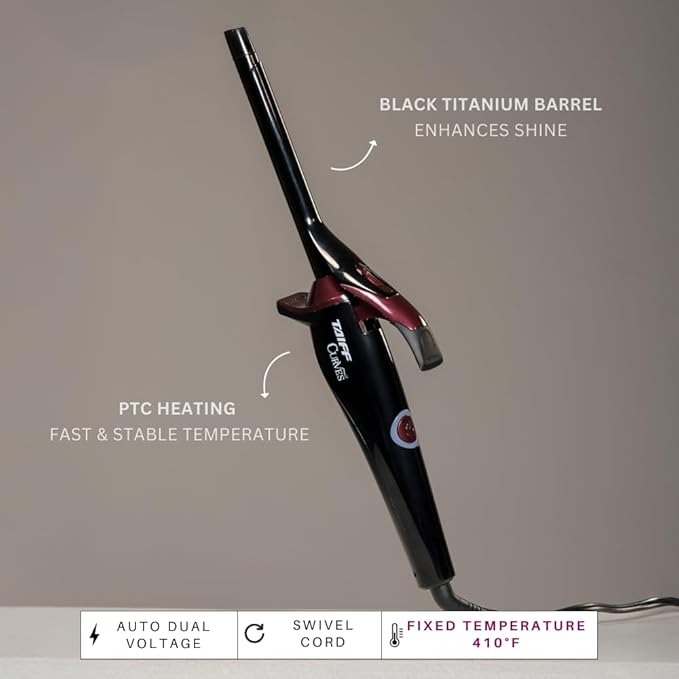 TAIFF Curves Professional Black Titanium Curling Iron – High-Performance Hair Curler & Rizadora para Cabello with Dual Voltage | Fixed Temperature 410°F | 1/2”