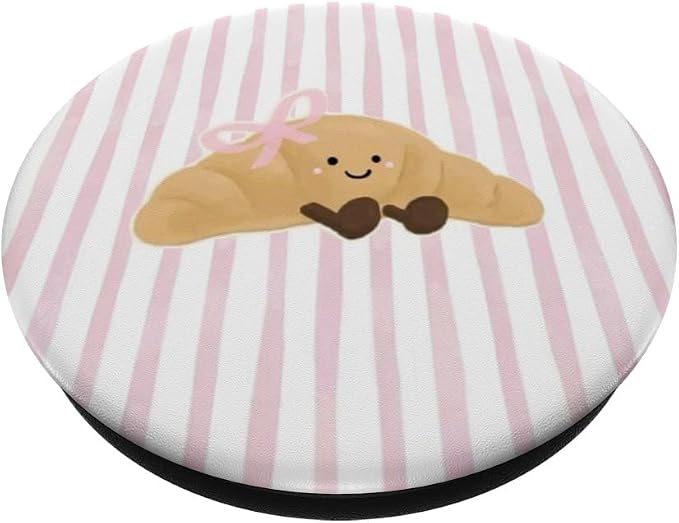 Pink Stripe Croissant Bow Illustration Print PopSockets Adhesive PopGrip