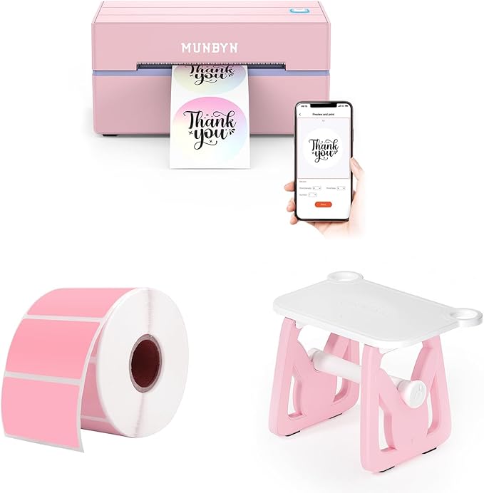 MUNBYN 130B Bluetooth Thermal Label Printer+2.25"x1.25" Pink Thermal Labels+Label Holder for Rolls and Fanfold Labels
