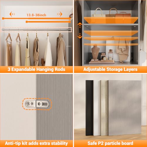 Homieasy 96 Inches Closet Organizer System, 8FT Customizable Walk In Closet Organizer with Hanging Rods, 3 Drawers Garment Rack with Leather Handle , 96" L x 16" W x 75" H, Max Load 1000 LBS, Grey - color: Grey