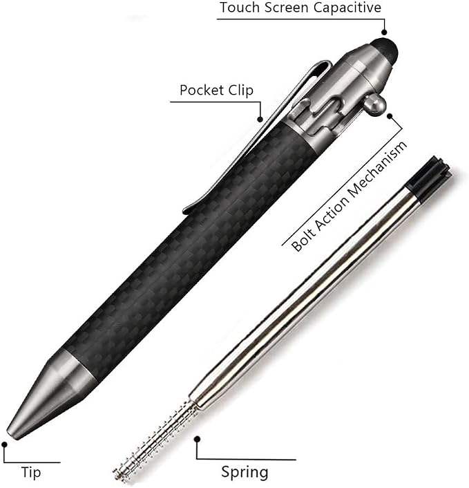 Cool Hand 4.9'' Brass Bolt Action Pen with Retractable Stylus Tip | for Any Touch Screen Ballpoint Ink Refillable Compact Size Skelton Out Deep Pocket Clip (Brass)