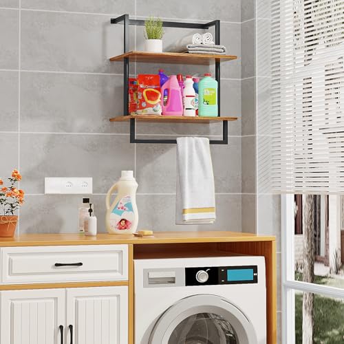 Wall Mounted Towel Rack for Bathroom, Bath Storage Holder 3-Tier Steel Wood Towel Shelf with Bar, Rustic Brown - color: Rustic Brown