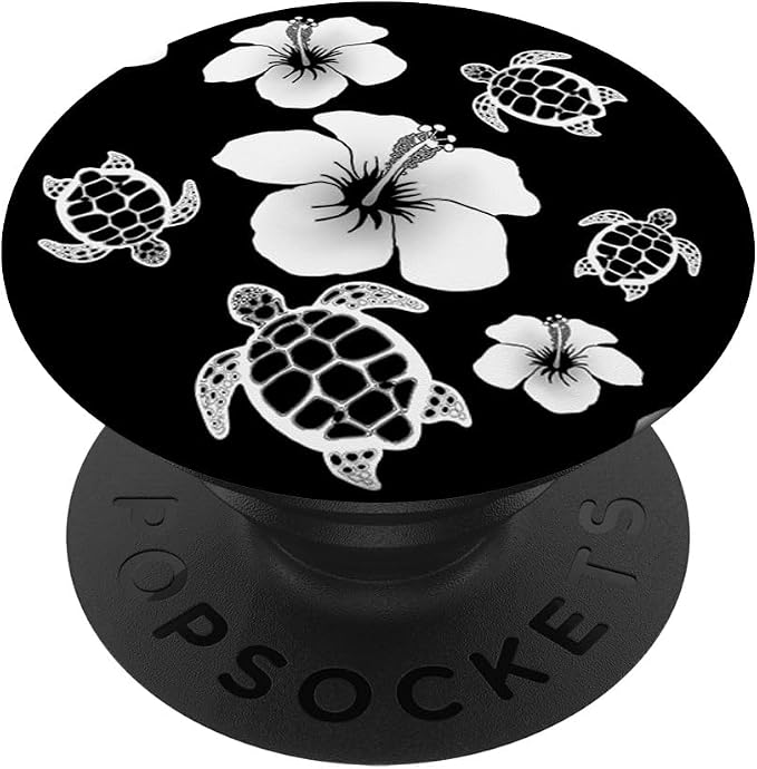 Black and White Hawaiian Island Floral Turtles PopSockets Adhesive PopGrip
