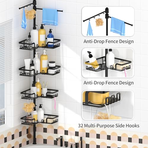 KEGII Shower Caddy Tension Pole with 2 Towel Bars, Corner Shower Organizer Shelves for Bathtub Shampoo Storage, Adjustable Shower Tension Rod with Razor Holder & Hooks - style: Tension Pole with 2 Towel Bars-Black