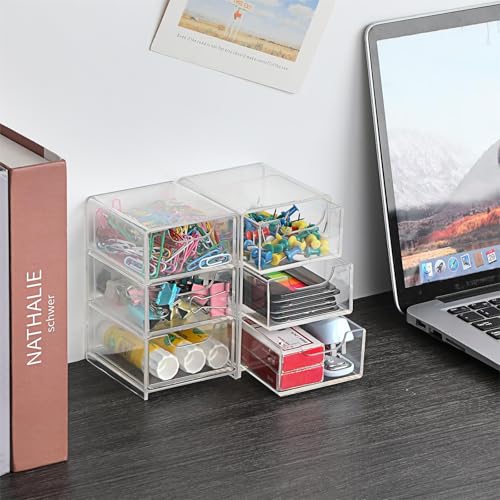 BTSKY 2 Pack Small Acrylic Storage Organizer with Drawers, 3-Layer Clear Desktop Organizer for Office Supplies Mini Storage Box with Drawers for Desk, Desktop Makeup Drawer Jewelry Storage Box