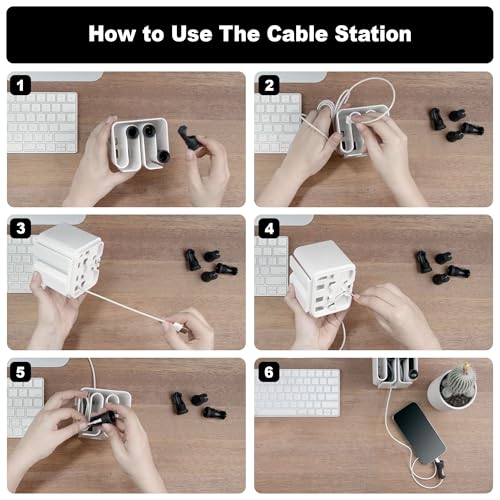 Cable Organizer with Multiple Compartments, Secure Cable Ends, Prevent Tangling, Tidy Workspace, Charging Solution, Desk Organizer Cord Management, White Plastic