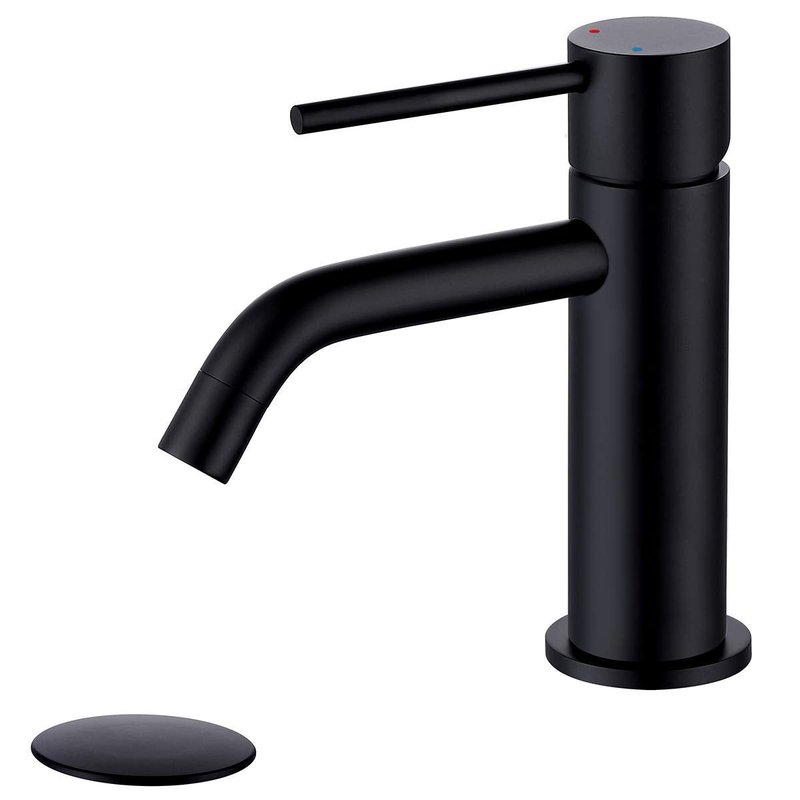 Single Hole Matte Black Bathroom Faucet with Pop Up Drain Assembly and Faucet Supply Hose, JXMMP Single Handle Lavatory Faucets for Sink, Black Sink Faucet Bathroom