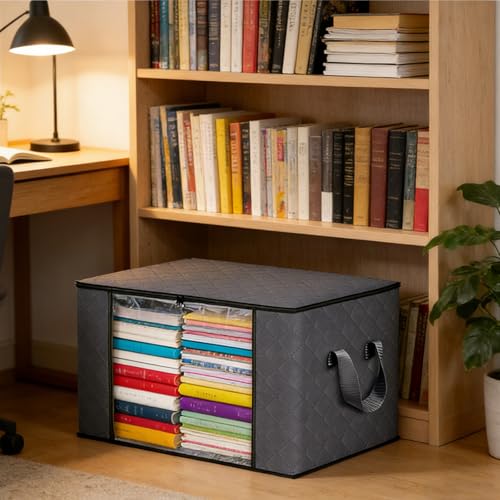 90L Grey Storage Bags with Lids, Zipper & Clear Window, 3-Pack Foldable Large Closet Organizers for Clothes, Comforters, Under Bed - size: 3 x 90L
