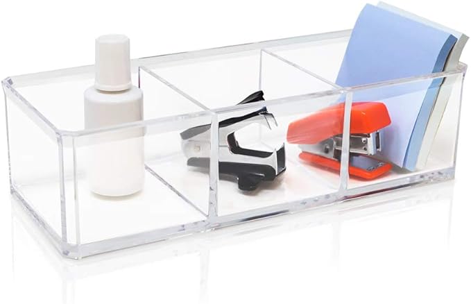 Isaac Jacobs Clear Acrylic 3 Section Organizer- Three Compartment Drawer Tray and Storage Solution for Office, Bathroom, Kitchen, Supplies, and More (Clear)
