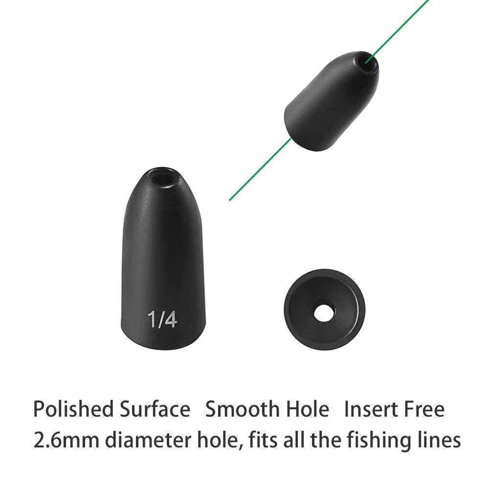 Fishfun Tungsten Bullet Fishing Weights, Insert Free Worm Sinkers, 12 Pack, 1/8oz, No Chip Black
