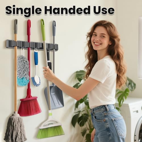 Broom Holder Wall Mount, Mop and Broom Hanger Wall Mount for Organizing and Storing Items in Household Kitchens, Gardens, Laundries (4 Racks & 3 Hooks, Grey)