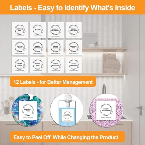 FEXIA 3+2 Pack Laundry Pods Containers and Dryer Sheet Holder with Laundry Detergent Dispenser Laundry Room Organization Storage Containers with Lids and Labels for Scent Booster,Powder,Pods