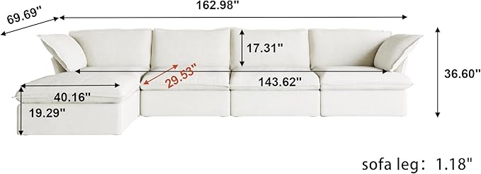 WJShome 162.98" Cloud Modular Sectional Sofa, L Shaped Couch Filled with Down, Minimalist Wide Deep Seat Couches for Living Room Apartment Lounge Bedroom (White, 4 Seater+1 Ottoman)