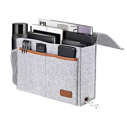 Bedside Caddy,Felt Bedside Storage Organizer, Hanging Storage for Dorm Bed Sofa for tablet Magazine Phone Remotes and Water Bottle Holder (Light Grey)