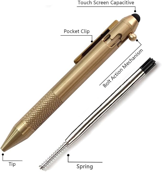 Cool Hand 4.9'' Brass Bolt Action Pen with Retractable Stylus Tip | for Any Touch Screen Ballpoint Ink Refillable Compact Size Skelton Out Deep Pocket Clip (Brass)