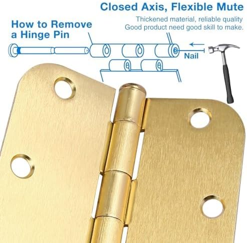 6 Pack Rounded Door Hinges 3.5 inch X 3-1/2" 5/8 Radius, Brushed Brass 3 ½ Inch Satin Gold Interior Standard Hinge for Bedroom Wood/French Style Clear Glass Doors Easy Install Hardware Accessories
