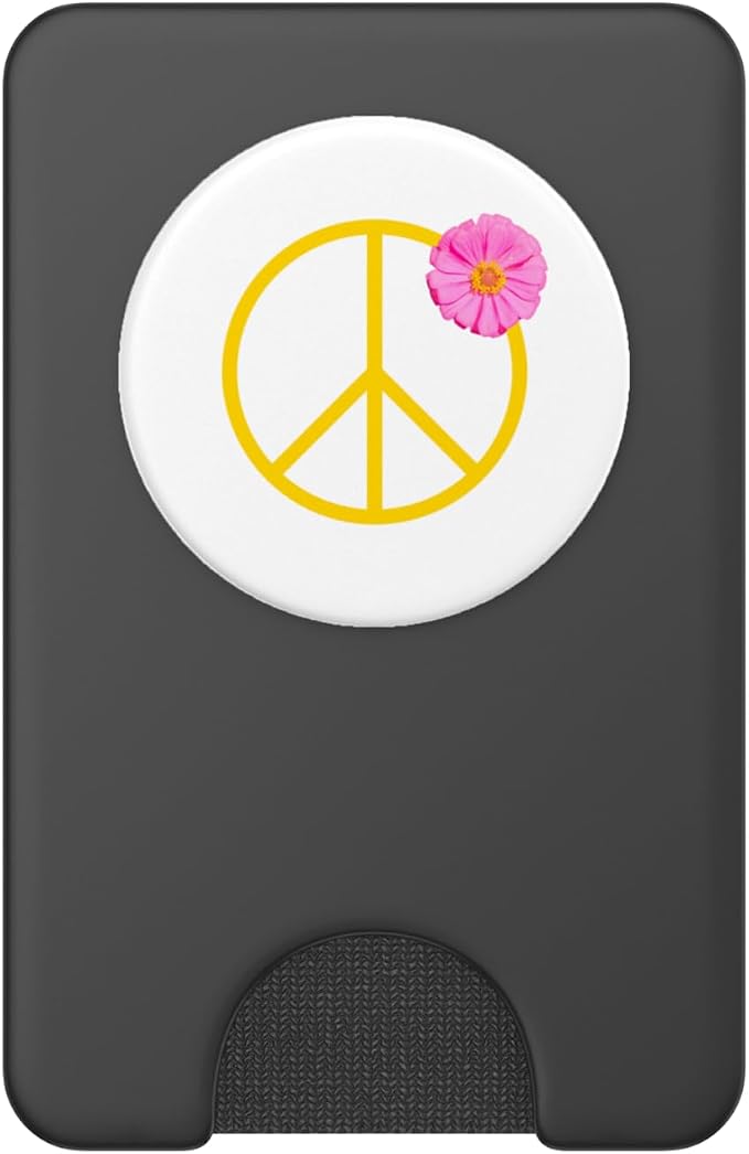 Pretty Pink Flower on Yellow Peace Sign PopSockets Adhesive PopGrip