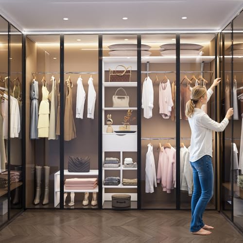 8ft Closet System with Drawers, 99 Inches Walk in Closet Organizer System with 3 Hanging Rods, Adjustable Built in Closets Systems, Sturdy Closets Insert, Easy Assembly, Max Load 1000 Lbs, White