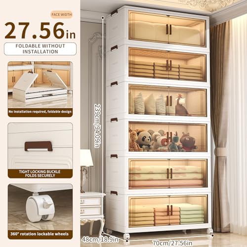 382QT Extra Large Lockable Stackable Storage Bins with Lids, 6-Tier Collapsible Plastic Storage Bins with Wheels, Foldable Closet Storage Bins for Bedroom Dorm Home Office Organization