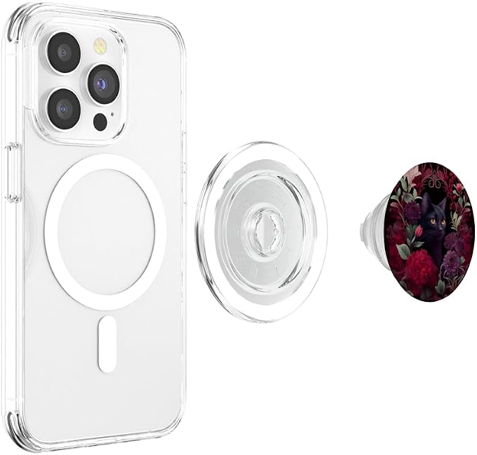 Black cat Hidden Flower Design with Burgundy Maroon Flowers PopSockets Adhesive PopGrip