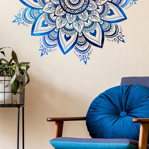 Sacred Blue Half Mandala Wall Stickers, sacinora Lotus Mandala Indian Namaste Flower Wall Decals Datura Stramonium Removable Vinyl Peel and Stick for Living Room Bedroom Sofa TV Background Art Decor