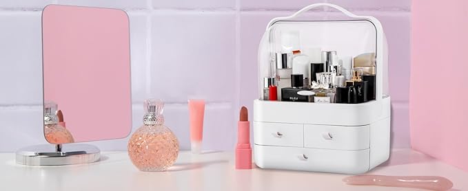 Nervure White Makeup Organizer - Cosmetic Storage Box with Lid - Makeup Organizer Storage Drawersr with Dust Free Cover and Portable Handle for Bathroom Countertop & Dresser & Gift