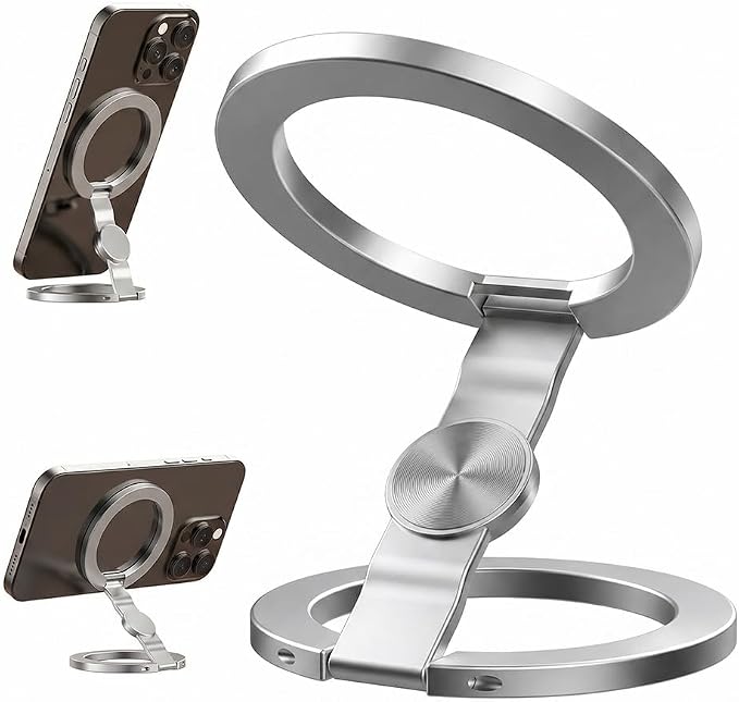 Magnetic Phone Stand Foldable 360° Rotating Phone Holder with Dual-Sided Magnetic Design Adjustable Desktop Stand for Home Office Travel and Daily Use (Grey-1)