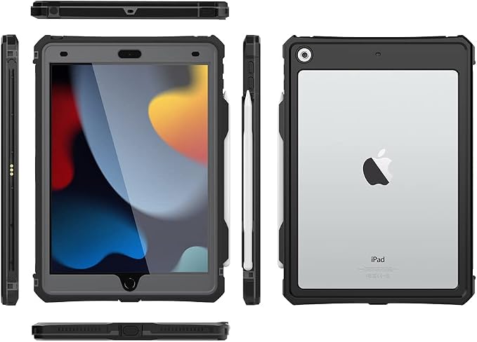 10.2 Waterproof Case Compatible with iPad 9th 8th 7th Generation 2021/2020/2019 Built-in Screen Protector with Strap Stand Pencil Holder Full Body Heavy Duty Protective Shockproof