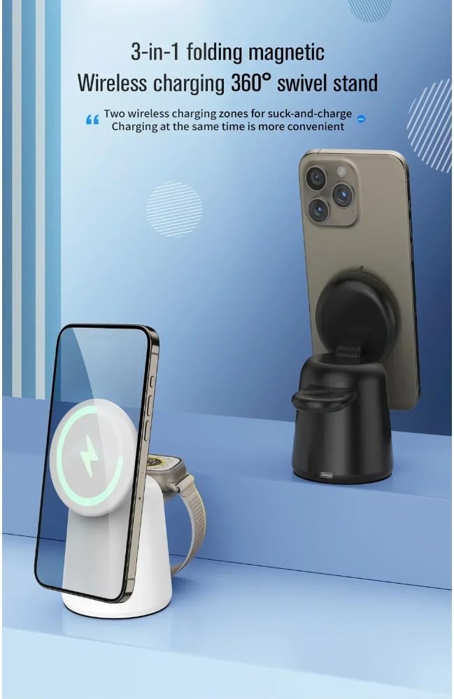 Foldable 3 in 1 Magnetic Wireless Charger Stand for iPhone 17 16 15 14 13 12 Pro Max Airpods IWatch 9 8 7 6 Fast Charging Dock Station (White)