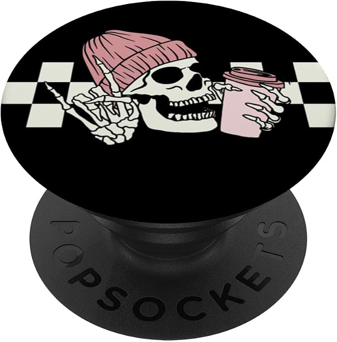 Skeleton Peace Sign Coffee Checkerboard PopSockets Adhesive PopGrip