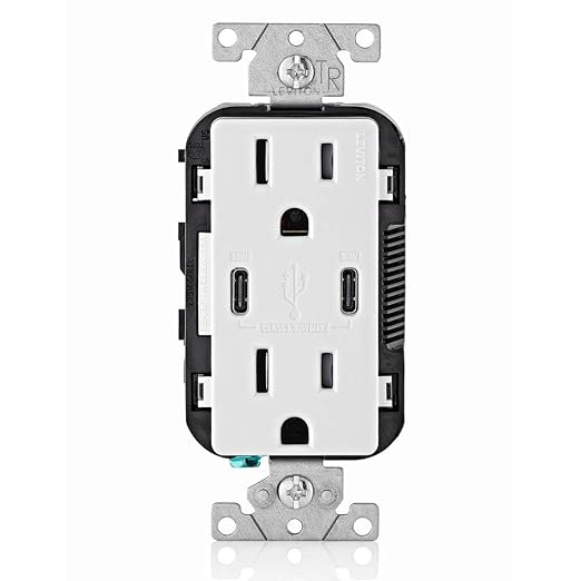 Leviton 30W (6A) USB Dual Type-C/C Power Delivery In-Wall Charger with 15A Tamper-Resistant Outlet USB Charger for Smartphones Tablets Laptops T5635-E Black