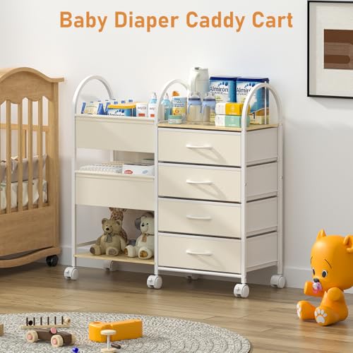 Baby Organizer and Storage Cart, 4-Tier Rolling Utility Cart with Wheels, Dividers and Drawers, Easy to Assemble for Nursery, Bedroom & Changing Table, White - color: White