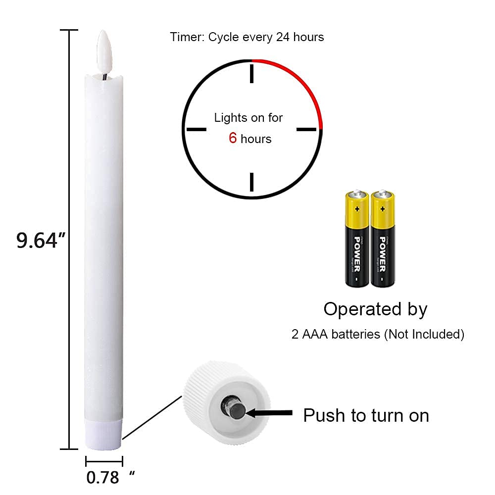 Wondise White Flameless Taper Candles with Timer, 6 Pack Battery Operated LED Flickering Real Wax Candle for Christmas Thanksgiving Wedding Decorations