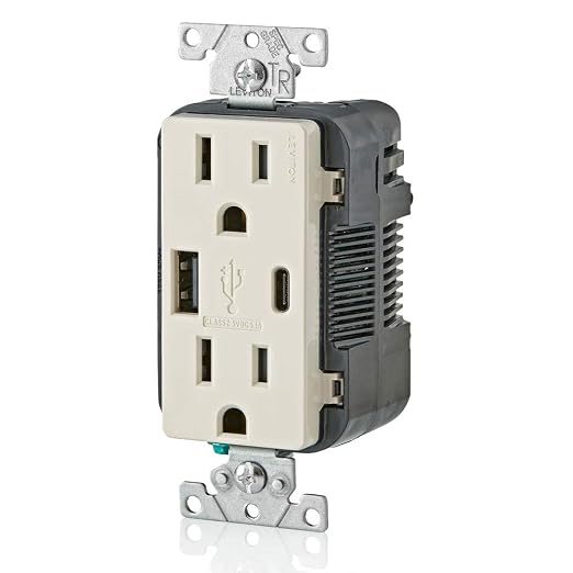 Leviton 30W (6A) USB Dual Type-C/C Power Delivery In-Wall Charger with 15A Tamper-Resistant Outlet USB Charger for Smartphones Tablets Laptops T5635-E Black