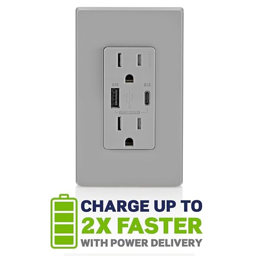 Leviton 30W (6A) USB Dual Type-C/C Power Delivery In-Wall Charger with 15A Tamper-Resistant Outlet USB Charger for Smartphones Tablets Laptops T5635-E Black