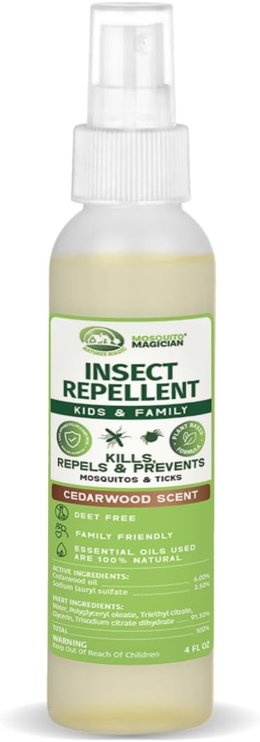 Mosquito Magician Natural Bug Spray for Body – Kid Safe Mosquito Repellent Spray with Natural Essential Oils, Kills, Repels, & Prevent Travel Size Bug Spray for Kids & Family – Cedarwood, 4 OZ
