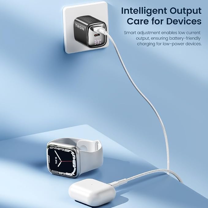 Tron 33W GaN Power Adapter Dual USB-C &amp USB-A Ports Universal Compatibility CNC Aluminum Construction AC 100-240V Input Digital DisplayTR14