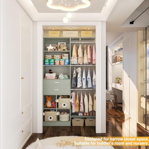 5FT Small Closet System, Baby Closet Organizer System with Wooden Drawers, 60 Inches Walk in Closet System with 5 Hanging Rods and 3 Reversible Hanging Shelving, Crab Green - color: Crab Green, size: 5 FT