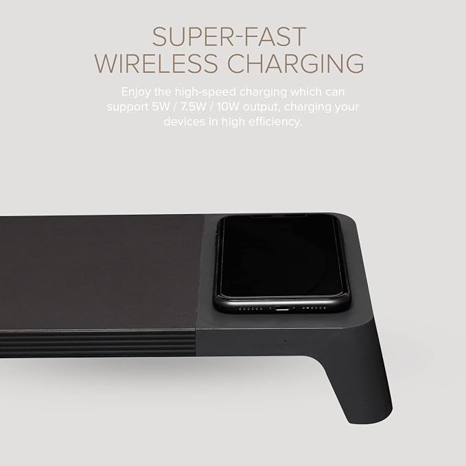 POUT E8 Wood Desk Monitor Computer Stand Riser Shelf + USB HUB + Qi Fast Wireless Charging Charger Pad Mat for Laptop Apple iMac PC iPhone Samsung Galaxy Airpod 2 Buds (Black)