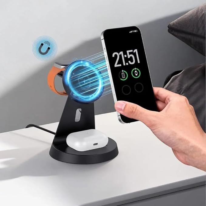 Wireless Charger 3 in 1 for Magsafe iPhone 17 16 15 14 13 12 Apple Watch 11 10 9 8 7 AirPods 4/3 Pro2/1 Fast Charging Station (Black)