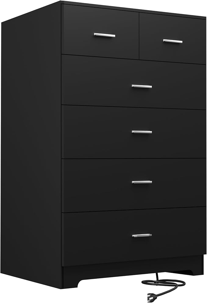 Dresser with Power Outlets Wooden 6 Drawer Dresser with Large Organizer Black Tall Storage Organizer with Smooth Metal Rail Modern Chest of Drawers Closet for Bedroom Hallway