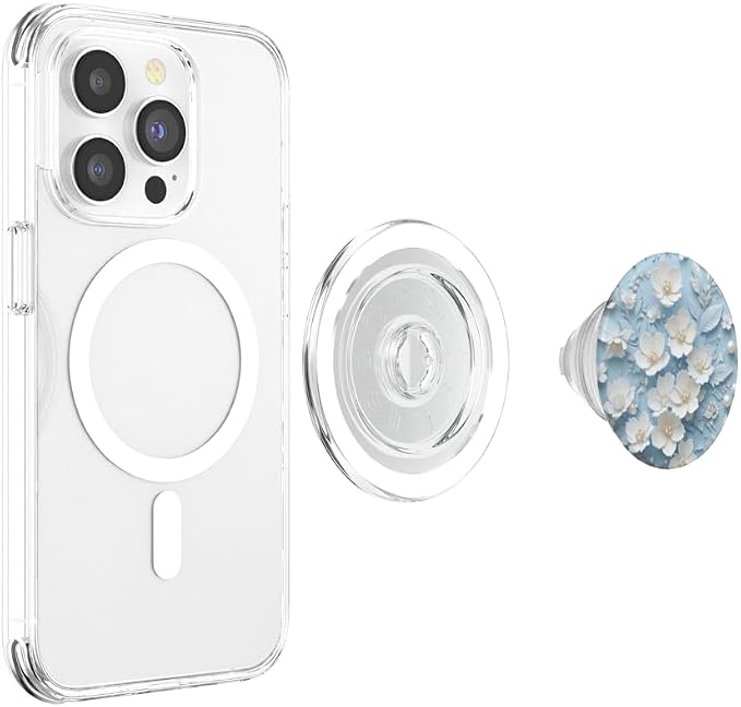 White Pearl Floral on Blue Illustration Print PopSockets PopGrip for MagSafe